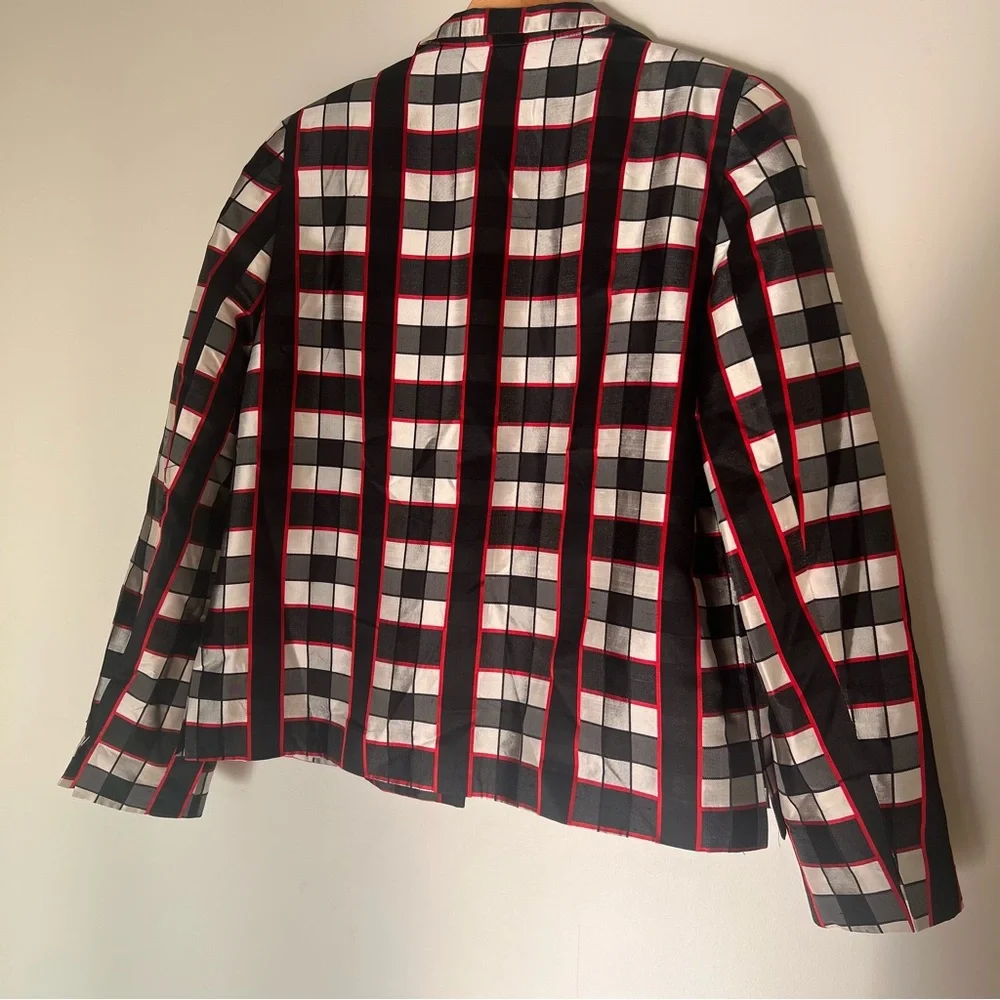 Nina Mclemore Red Black White Checked Silk Blazer Size 10 - Picture 10 of 15